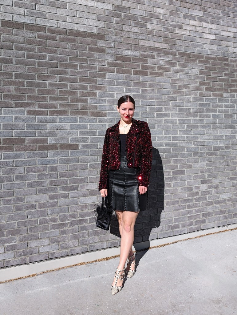 \"black-leather-skirt-red-sequin-blouse-year-of-the-dragon-snakeskin-heels-black-leather-skirt\"